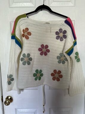 White Crochet Flower-Embroidered Women's Sweater by Mello
